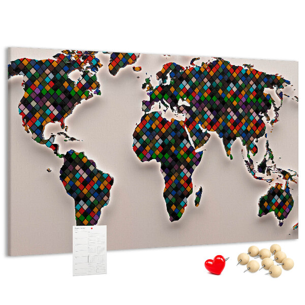 Mapa del mundo de corcho diseño a color con cuadrados