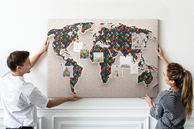 Mapa del mundo de corcho diseño a color con cuadrados