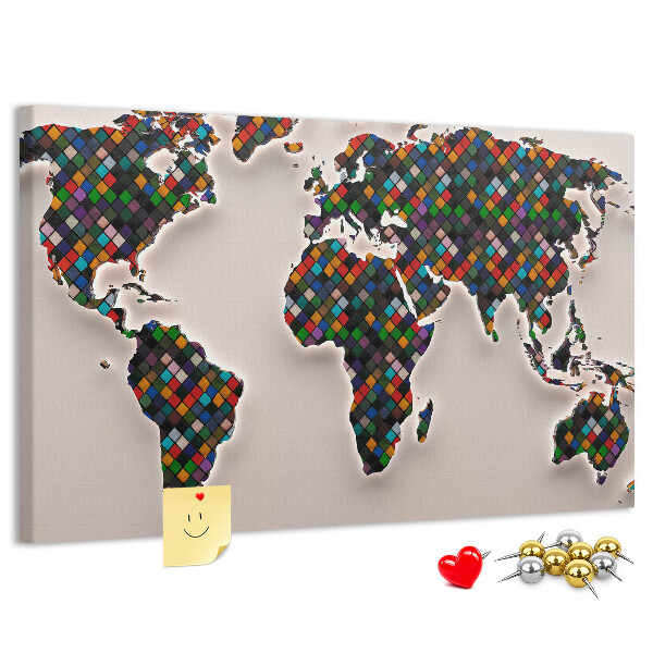 Mapa del mundo de corcho diseño a color con cuadrados