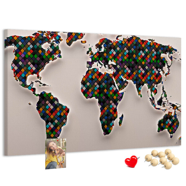 Mapa del mundo de corcho diseño a color con cuadrados