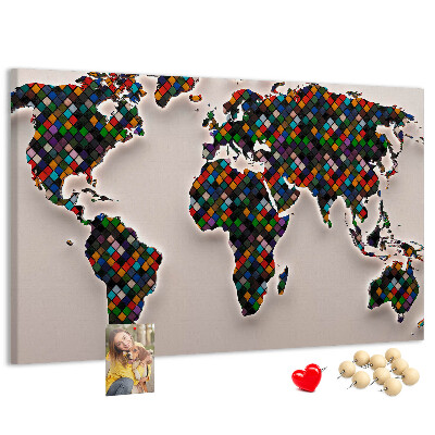 Mapa del mundo de corcho diseño a color con cuadrados