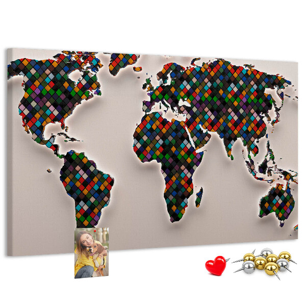 Mapa del mundo de corcho diseño a color con cuadrados