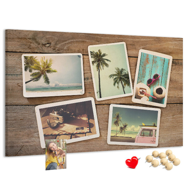 Tablero de corcho decorado para fotos de recuerdo de vacaciones tropicales