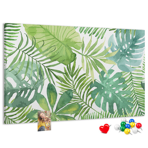 Tablero de anuncios con diseño de hojas de plantas tropicales en acuarela