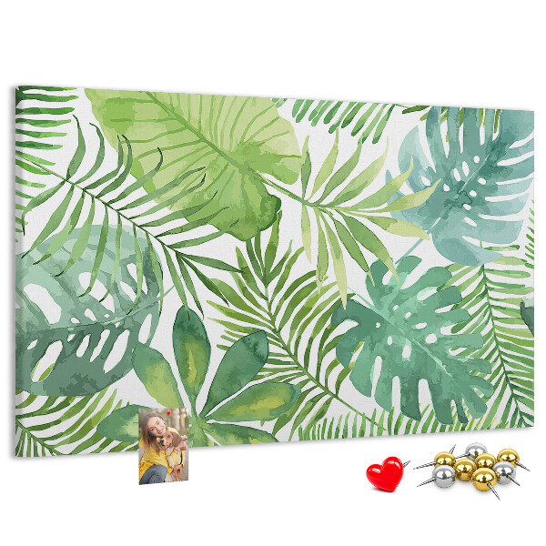 Tablero de anuncios con diseño de hojas de plantas tropicales en acuarela
