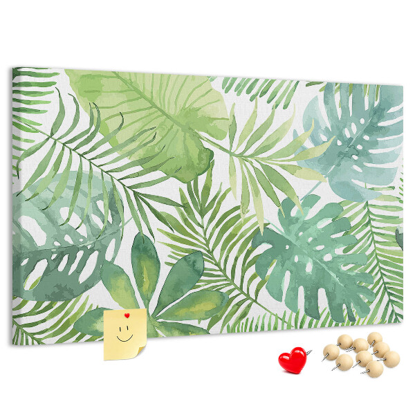 Tablero de anuncios con diseño de hojas de plantas tropicales en acuarela