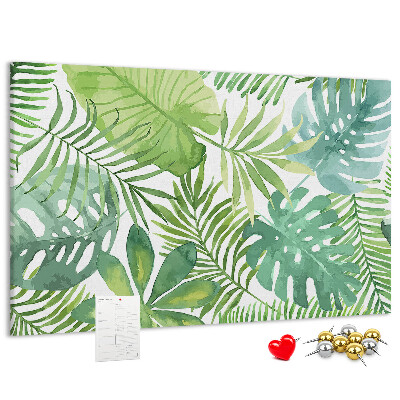 Tablero de anuncios con diseño de hojas de plantas tropicales en acuarela