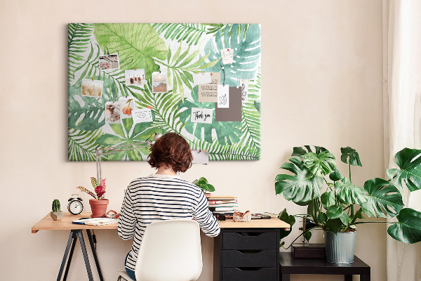 Tablero de anuncios con diseño de hojas de plantas tropicales en acuarela