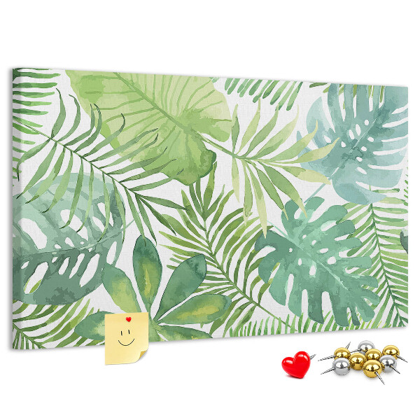 Tablero de anuncios con diseño de hojas de plantas tropicales en acuarela