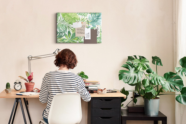 Tablero de anuncios con diseño de hojas de plantas tropicales en acuarela