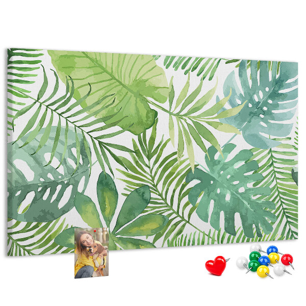 Tablero de anuncios con diseño de hojas de plantas tropicales en acuarela