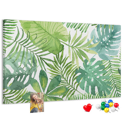 Tablero de anuncios con diseño de hojas de plantas tropicales en acuarela