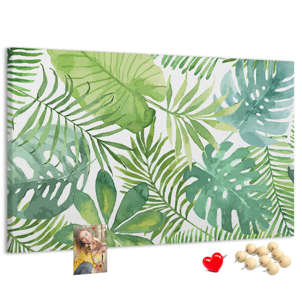 Tablero de anuncios con diseño de hojas de plantas tropicales en acuarela