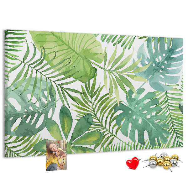Tablero de anuncios con diseño de hojas de plantas tropicales en acuarela
