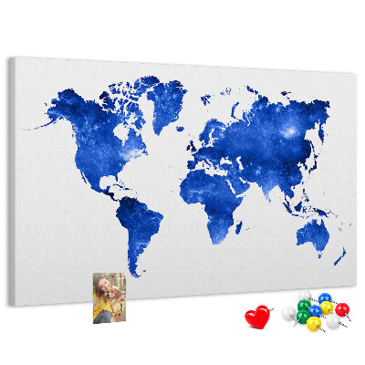 Pizarra de corcho Mapa del mundo en acuarela azul