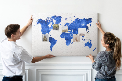 Pizarra de corcho Mapa del mundo en acuarela azul