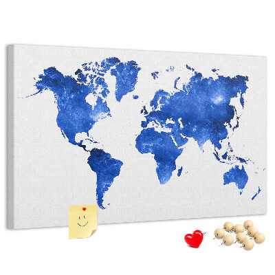 Pizarra de corcho Mapa del mundo en acuarela azul