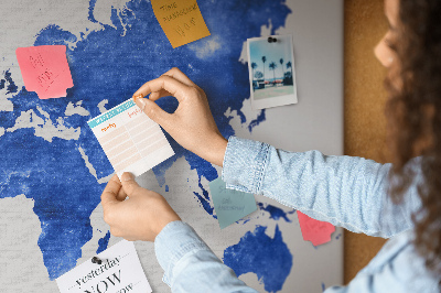 Pizarra de corcho Mapa del mundo en acuarela azul