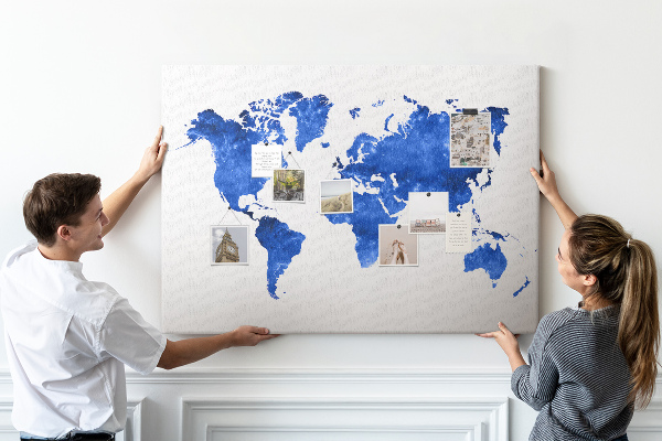 Pizarra de corcho Mapa del mundo en acuarela azul