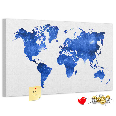 Pizarra de corcho Mapa del mundo en acuarela azul