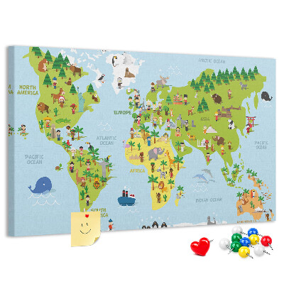 Pizarra de corcho Mapa del mundo colorido con figuras de animales.
