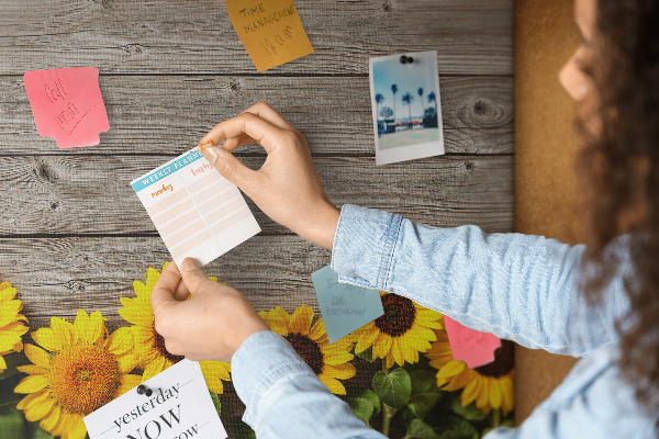 Tablero de corcho decorado con diseño de girasoles sobre fondo de tablas de madera