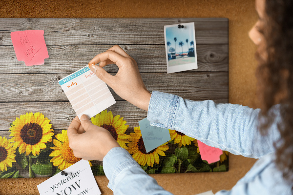 Tablero de corcho decorado con diseño de girasoles sobre fondo de tablas de madera