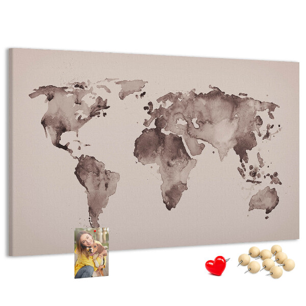 Tablero de anuncios Mapa del mundo en tonos marrones.