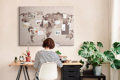 Tablero de anuncios Mapa del mundo en tonos marrones.