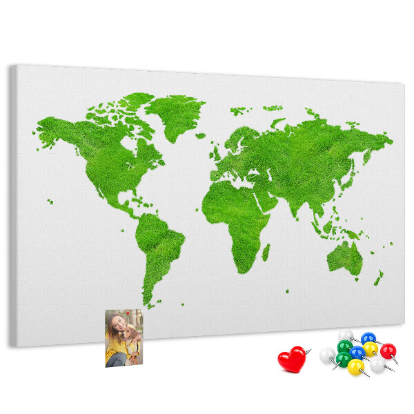 Pizarra de corcho Mapa del mundo verde con césped.