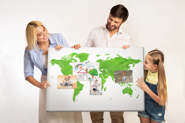 Pizarra de corcho Mapa del mundo verde con césped.