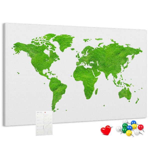 Pizarra de corcho Mapa del mundo verde con césped.