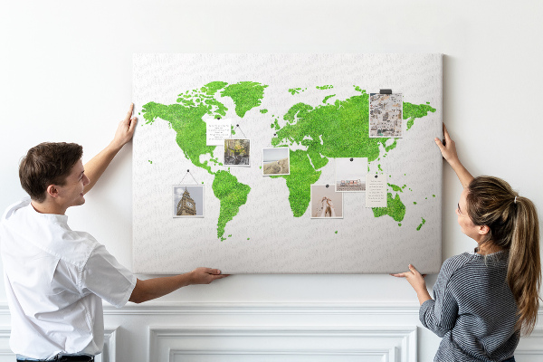 Pizarra de corcho Mapa del mundo verde con césped.