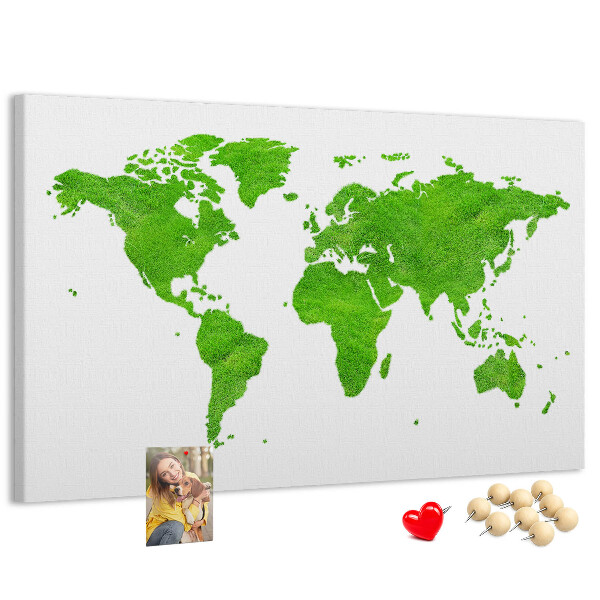 Pizarra de corcho Mapa del mundo verde con césped.