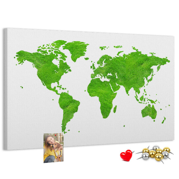 Pizarra de corcho Mapa del mundo verde con césped.