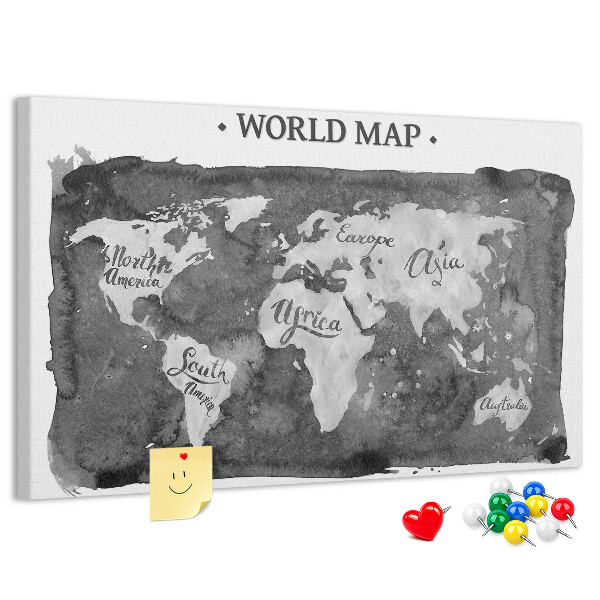 Tablero de corcho decorado Mapa del mundo en tonos de gris
