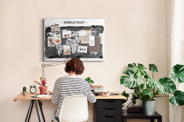 Tablero de corcho decorado Mapa del mundo en tonos de gris
