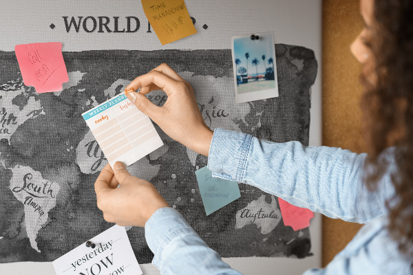 Tablero de corcho decorado Mapa del mundo en tonos de gris
