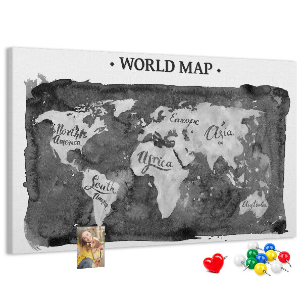 Tablero de corcho decorado Mapa del mundo en tonos de gris