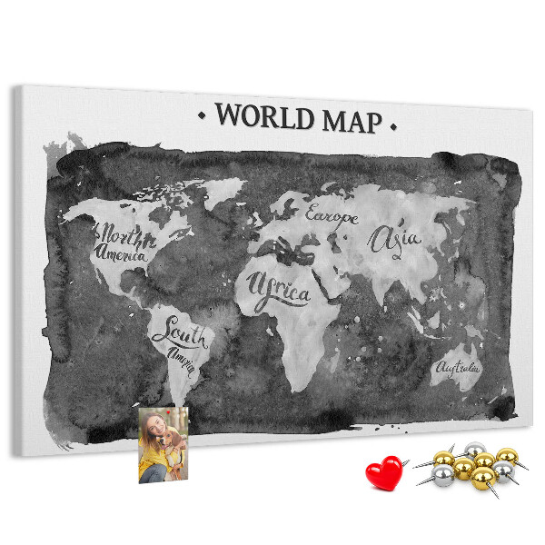 Tablero de corcho decorado Mapa del mundo en tonos de gris