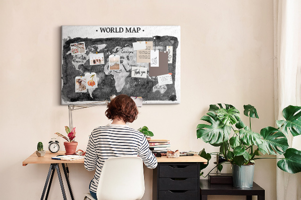 Tablero de corcho decorado Mapa del mundo en tonos de gris