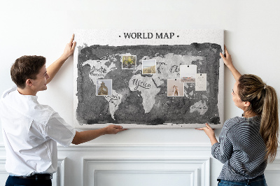 Tablero de corcho decorado Mapa del mundo en tonos de gris