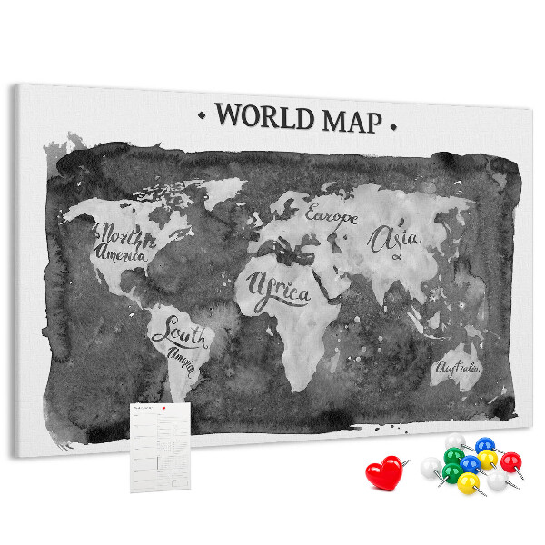 Tablero de corcho decorado Mapa del mundo en tonos de gris