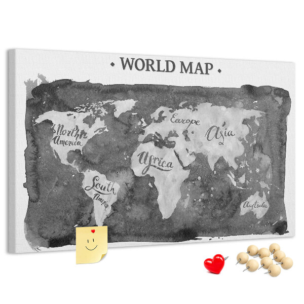 Tablero de corcho decorado Mapa del mundo en tonos de gris