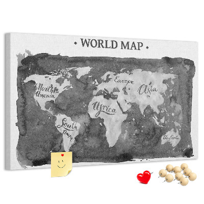 Tablero de corcho decorado Mapa del mundo en tonos de gris