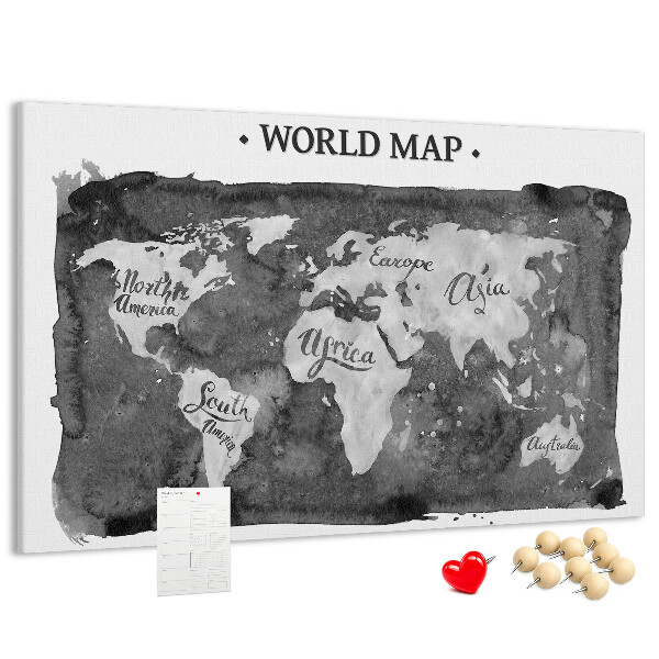 Tablero de corcho decorado Mapa del mundo en tonos de gris