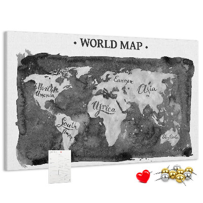 Tablero de corcho decorado Mapa del mundo en tonos de gris
