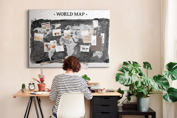 Tablero de corcho decorado Mapa del mundo en tonos de gris