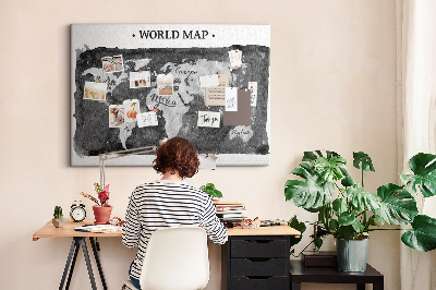 Tablero de corcho decorado Mapa del mundo en tonos de gris