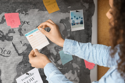 Tablero de corcho decorado Mapa del mundo en tonos de gris